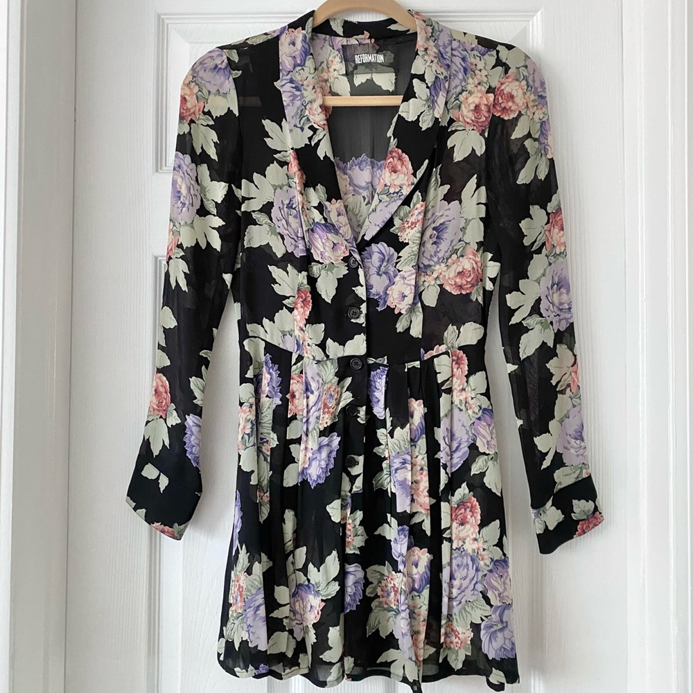 Reformation Palomar long sleeved mini dress with built-in shorts liner